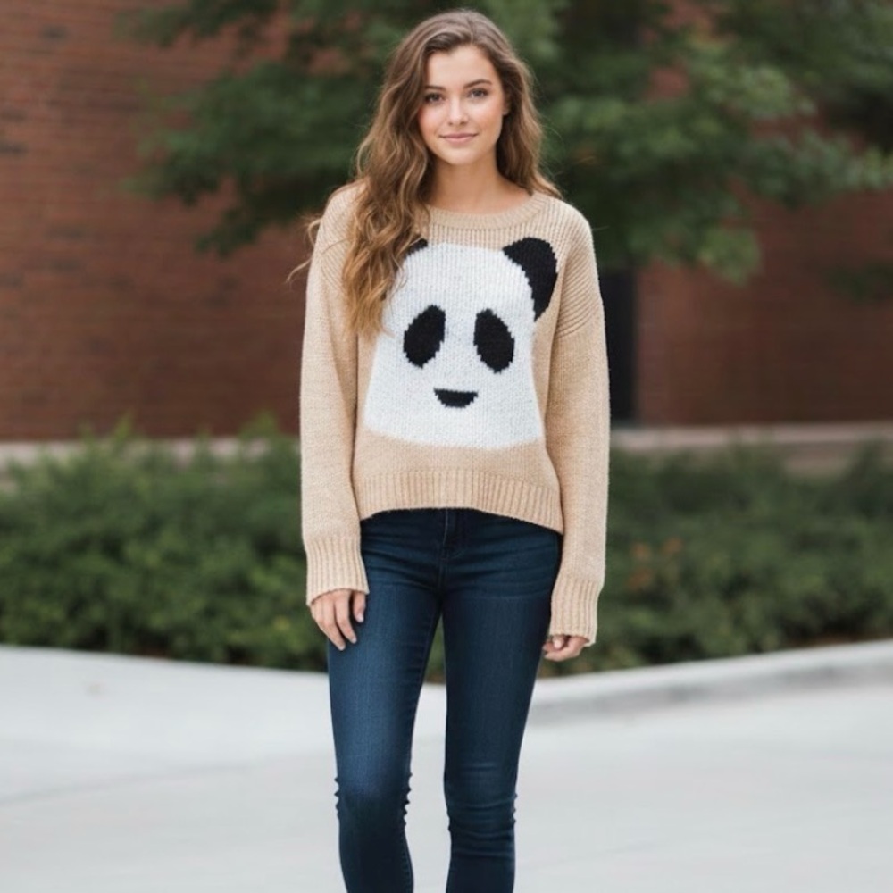 Panda Knit Sweater Peach Streetwear Society Small Cute Comfy Kawaii Long Sleeve